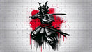 Japanese Samurai Wallpaper Mural | Black, White, and Red - Samurai mural with armor and sword on brick wall, red graffiti splash background