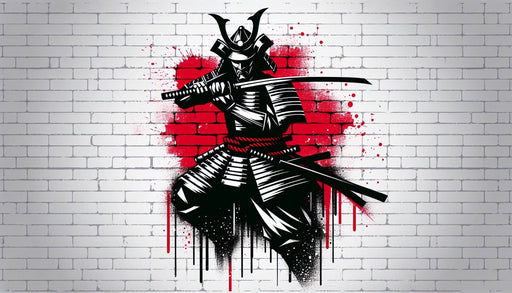 Japanese Samurai Wallpaper Mural | Black, White, and Red - Samurai mural with armor and sword on brick wall, red graffiti splash background
