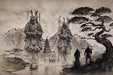 Japanese samurai wallpaper | Zen inspired high-end decorative wall in living room and bedroom - Samurai ink painting scene with towering guardians, Zen garden backdrop