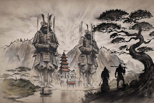 Japanese samurai wallpaper | Zen inspired high-end decorative wall in living room and bedroom - Samurai ink painting scene with towering guardians, Zen garden backdrop