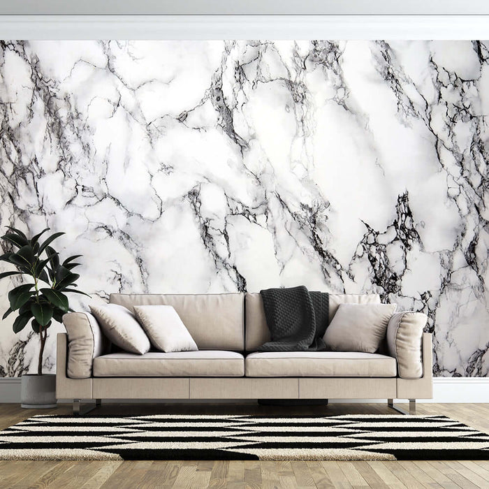 Jazz white marble wallpaper | Natural marble mural - luxurious gray and white natural stone texture wall mural behind a beige sofa