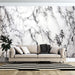 Jazz white marble wallpaper | Natural marble mural - luxurious gray and white natural stone texture wall mural behind a beige sofa