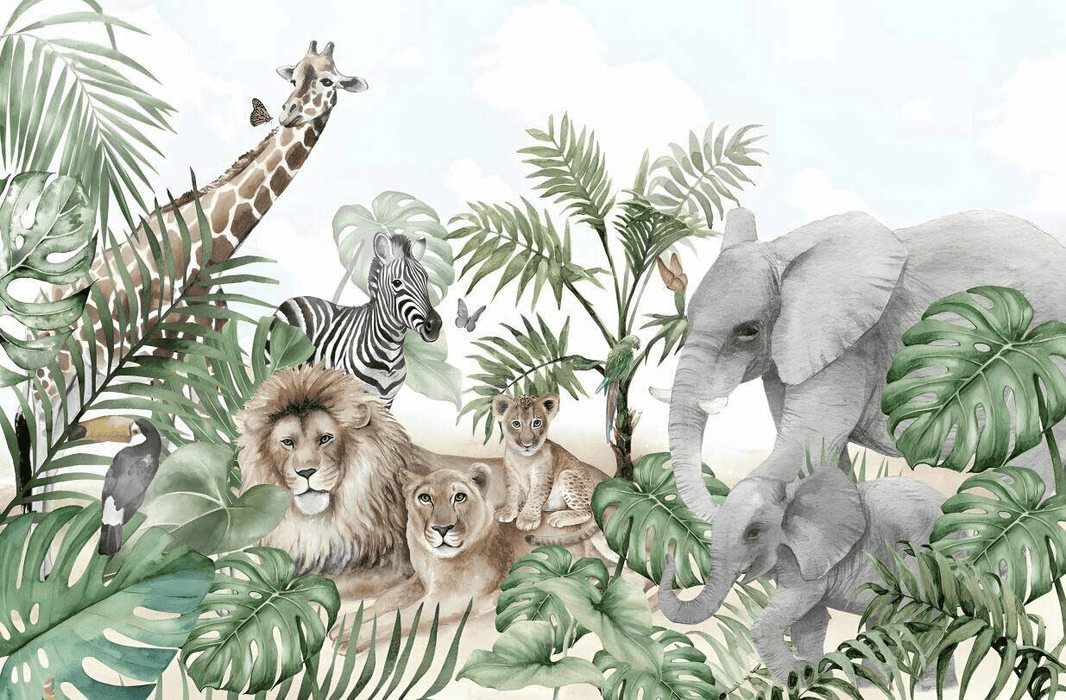 Jungle Wallpaper Wildlife: lush jungle scene featuring lions, giraffes, zebras, elephants, toucans and butterflies among tropical plants