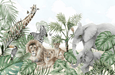 Jungle Wallpaper Wildlife: lush jungle scene featuring lions, giraffes, zebras, elephants, toucans and butterflies among tropical plants