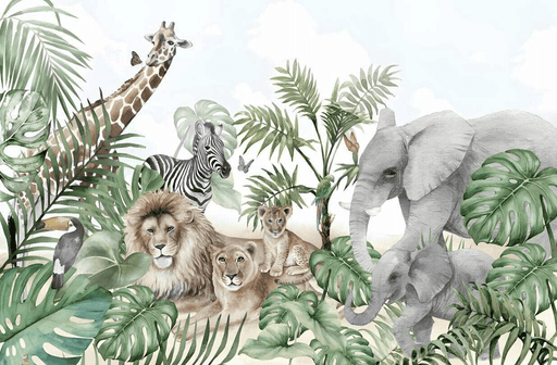 Jungle Wallpaper Wildlife: lush jungle scene featuring lions, giraffes, zebras, elephants, toucans and butterflies among tropical plants