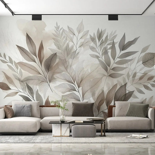 Large leaf plant mural wallpaper | Watercolor painting featuring elegant, neutral-toned leaves in light gray, beige, and brown for a peaceful home decor backdrop