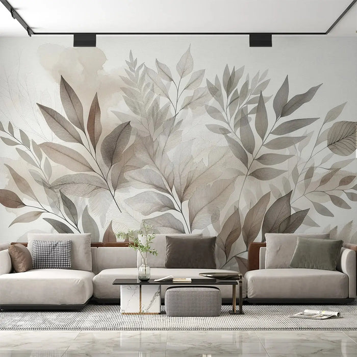 Large leaf plant mural wallpaper | Watercolor painting featuring elegant, neutral-toned leaves in light gray, beige, and brown for a peaceful home decor backdrop