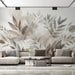 Large leaf plant mural wallpaper | Watercolor painting featuring elegant, neutral-toned leaves in light gray, beige, and brown for a peaceful home decor backdrop