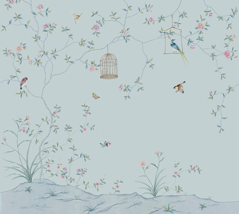 Light Blue Chinese Floral & Bird Wallpaper Mural | Elegant Birdcage Motif with delicate pink blossoms, birds, and birdcage accents on a serene blue backdrop
