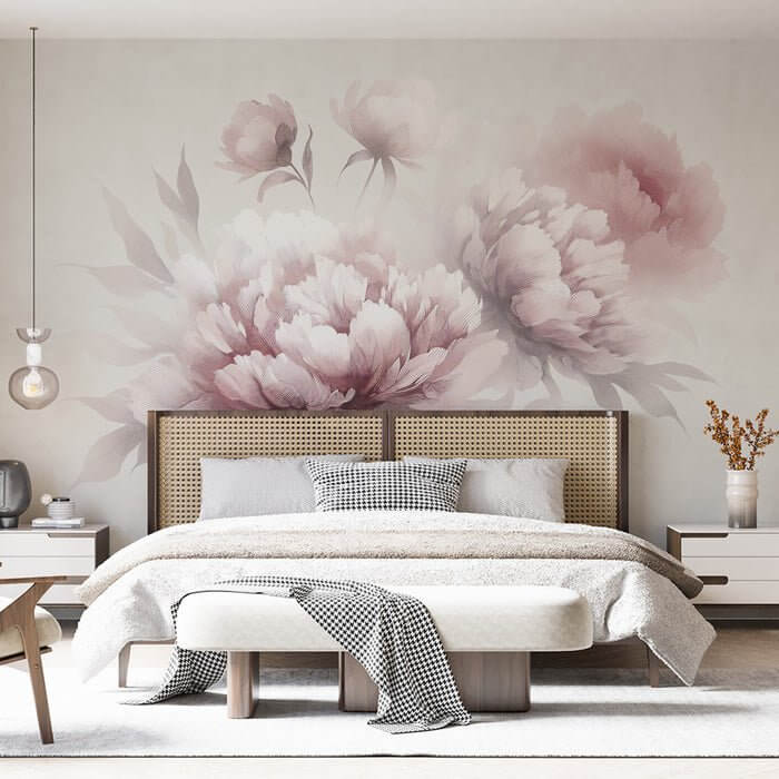 Light pink peony wallpaper mural | Chinese flowers - soft romantic bedroom wall art featuring delicate peonies and traditional Chinese brushwork in a tranquil, elegant setting