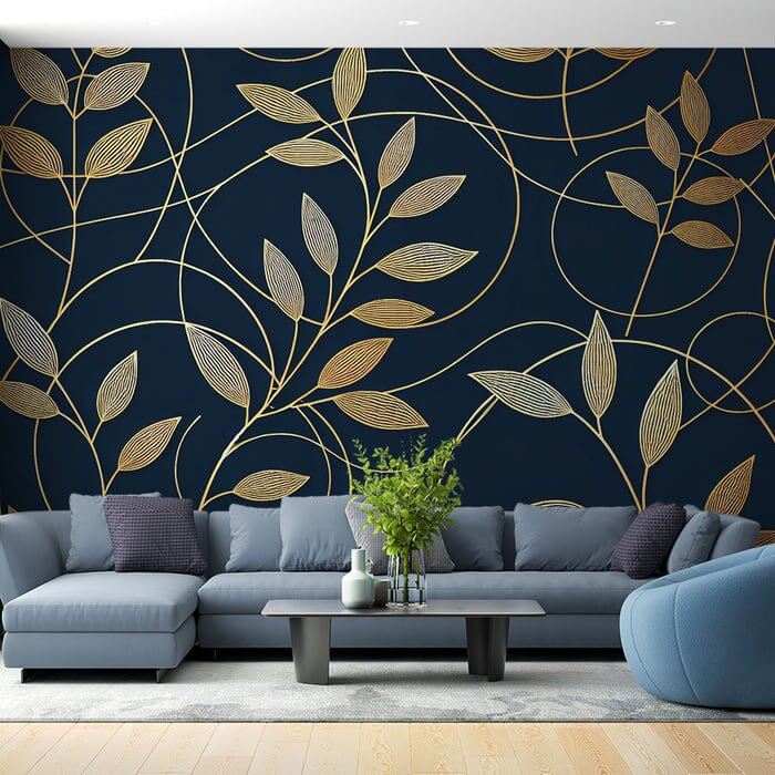 Luxe Deep Blue & Gold Leaf Wallpaper Mural - Botanical Elegance for Bedroom & Living Room