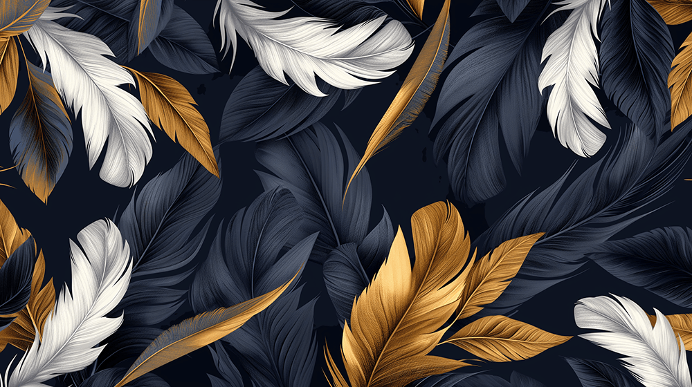 Luxe Feather Wallpaper Mural | Deep Blue & Gold Art for Elegant Interiors - navy, white, and gold feather pattern mural for luxurious walls