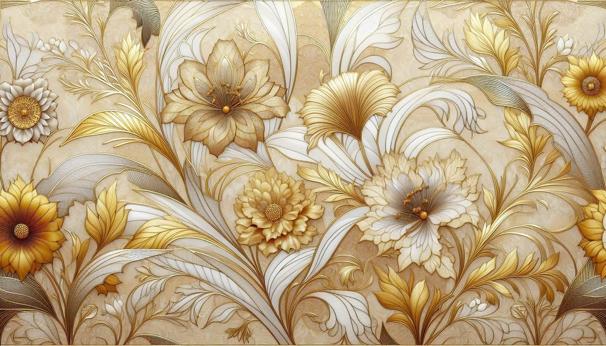 Luxury Golden Floral Wallpaper | European Embossed Pattern with 3D Relief Effect - high-definition golden flowers and embossed ornate pattern on white background