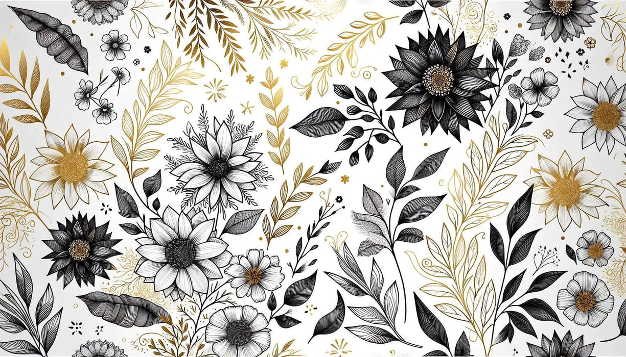 Luxury Noir Botanicals Wallpaper Mural | Gold-Accented Florals on Ivory Canvas