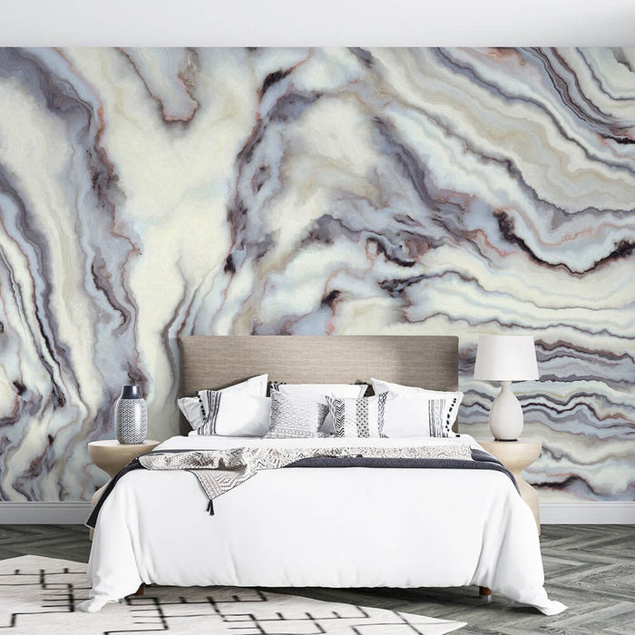 Marble textured wallpaper mural | Grey white gradient decoration showcasing elegant bedroom wallpaper features for a tranquil, sophisticated space