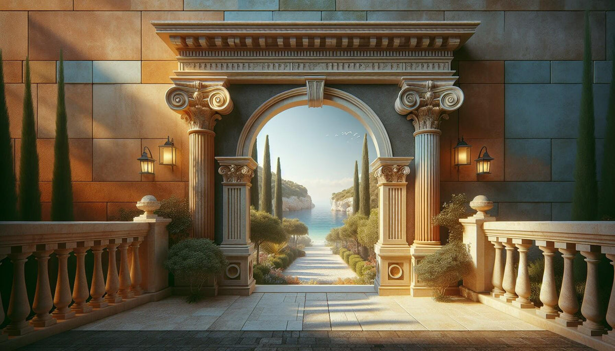 Mediterranean Seaside Arch Mural | Classic Colonnade Wallpaper | Coastal Chic Décor