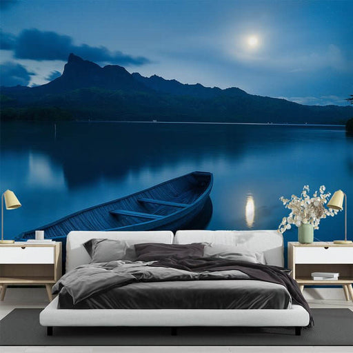 Moon Night Lake Landscape Wallpaper Mural | Moon and Mountains delivers tranquil moonlit lake scene with mountains, reflecting water, old boat, serene bedroom backdrop