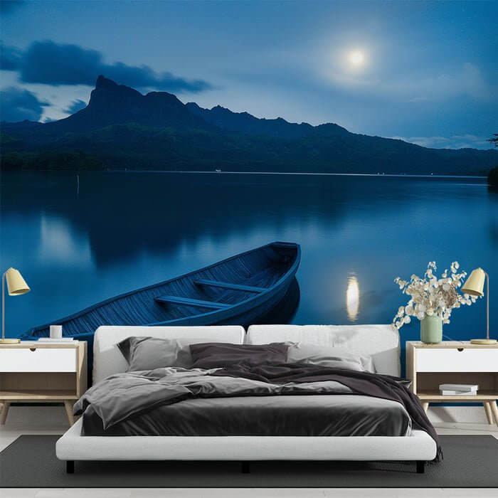 Moon Night Lake Landscape Wallpaper Mural | Moon and Mountains delivers tranquil moonlit lake scene with mountains, reflecting water, old boat, serene bedroom backdrop