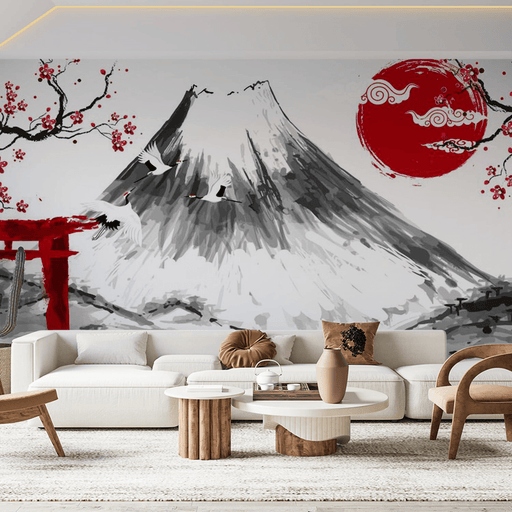 Mount Fuji & Sakura Wallpaper - Elegant Japanese Landscape with Red Crane & Cranes