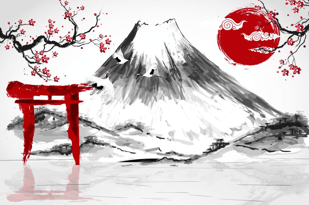 Mount Fuji & Sakura Wallpaper - Elegant Japanese Landscape with Red Crane & Cranes