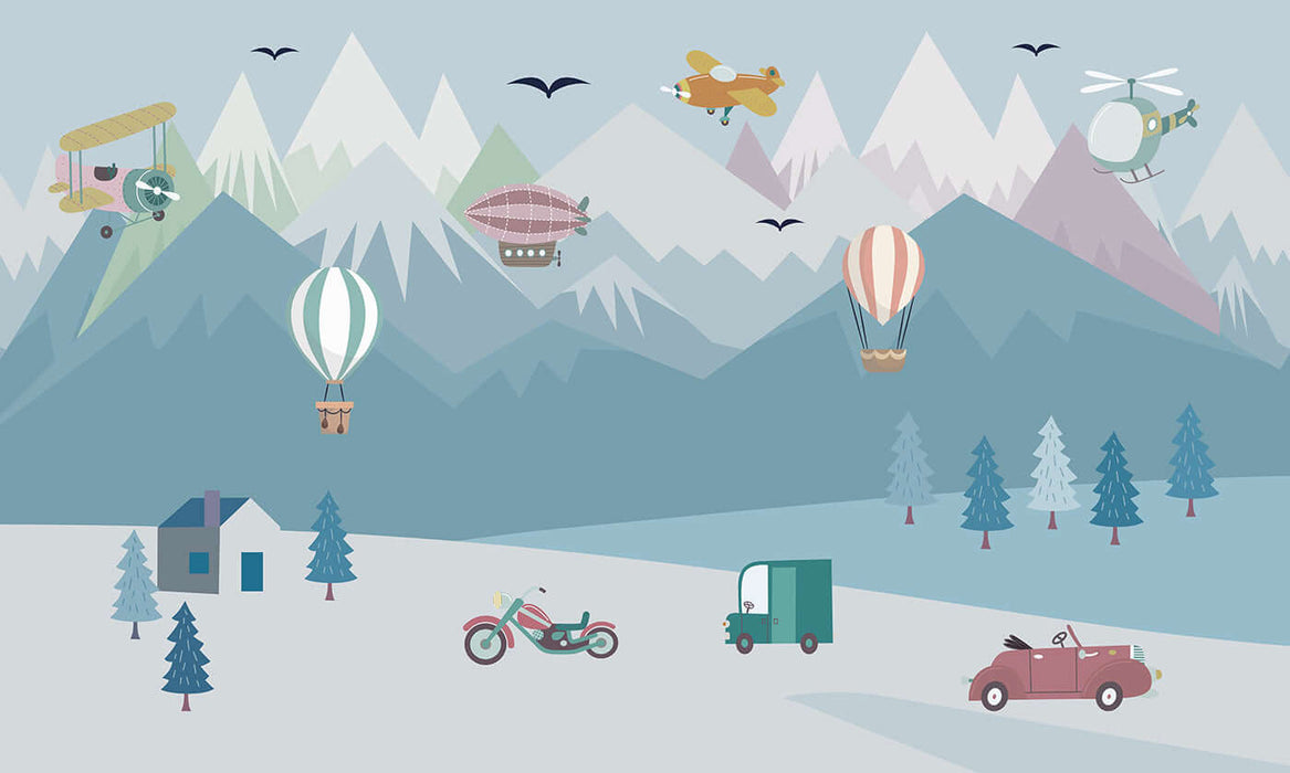 Mountain Adventure Kids Wallpaper Mural | Airplane & Hot Air Balloon Nursery Decor | Exploratory Children's Room Design