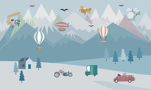 Mountain Adventure Kids Wallpaper Mural | Airplane & Hot Air Balloon Nursery Decor | Exploratory Children's Room Design
