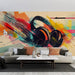 Music Pop Art Wallpaper Mural | Headphones Design: bold headphones graphic amid vibrant paint splashes and geometric shapes for a dynamic music-inspired wall art
