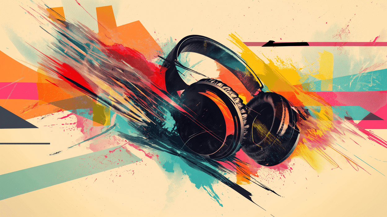 Music Pop Art Wallpaper Mural | Headphones Design vivid headphones artwork with neon splashes and geometric shapes for energetic music-loving spaces