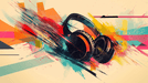 Music Pop Art Wallpaper Mural | Headphones Design vivid headphones artwork with neon splashes and geometric shapes for energetic music-loving spaces