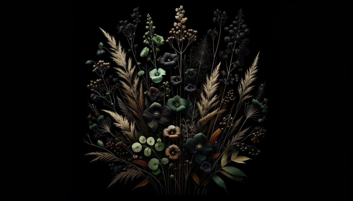Mystique Noir Botanical Wallpaper Mural | Dark Floral Garden on Black Canvas - Midnight garden bouquet with dark blooms, greens, and natural textures on velvet black backdrop
