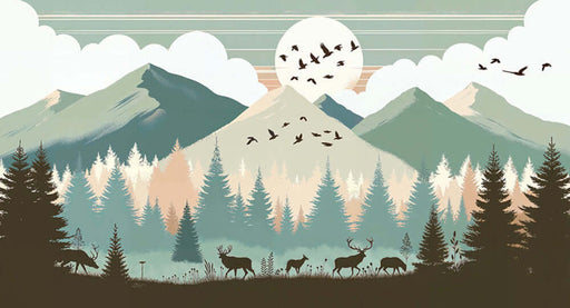 Nordic Forest Mural Wallpaper | Elk, Pine Trees & Moon Landscape | Vintage Nature-Themed Design | HD Quality