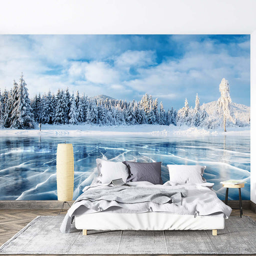 Nordic Frost Forest Wallpaper Mural | Frozen Lake & Snowy Cedar Landscape | Cool Blue Serenity Décor - bedroom setup with winter landscape mural, snow-covered cedars and icy lake backdrop