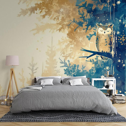 Owl Moon Night Forest Mural - Midnight Blue & Gold Wallpaper | Serene Artistic Décor
