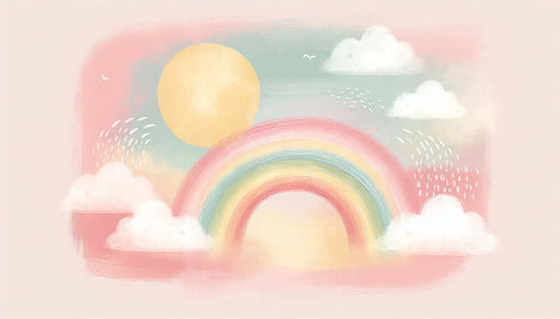 Rainbow & Cloud Wallpaper Mural | Dreamy Kids Room & Nursery Decor | Soft Watercolor Style Wall with pastel rainbow, sun, and fluffy clouds