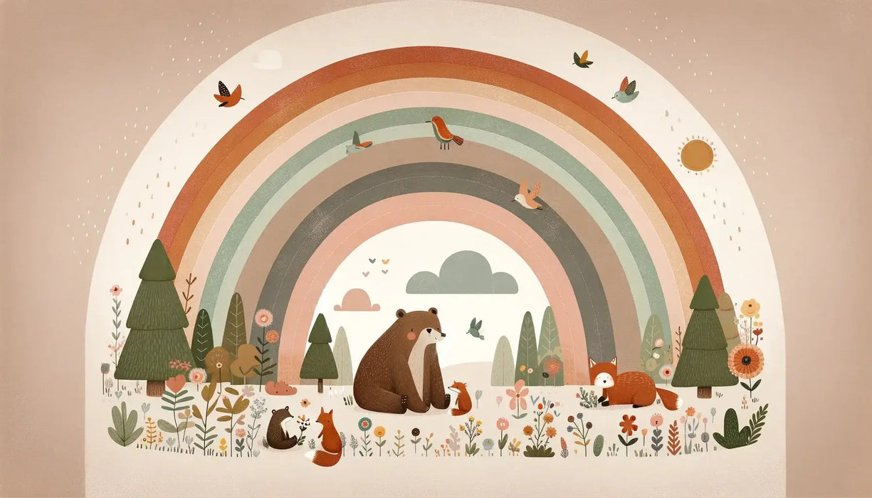 Rainbow Wildlife Wallpaper Mural | Bear & Foxes Under Colorful Arch with Sun, Birds – Joyful Kids Room Decor