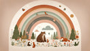 Rainbow Wildlife Wallpaper Mural | Bear & Foxes Under Colorful Arch with Sun, Birds – Joyful Kids Room Decor