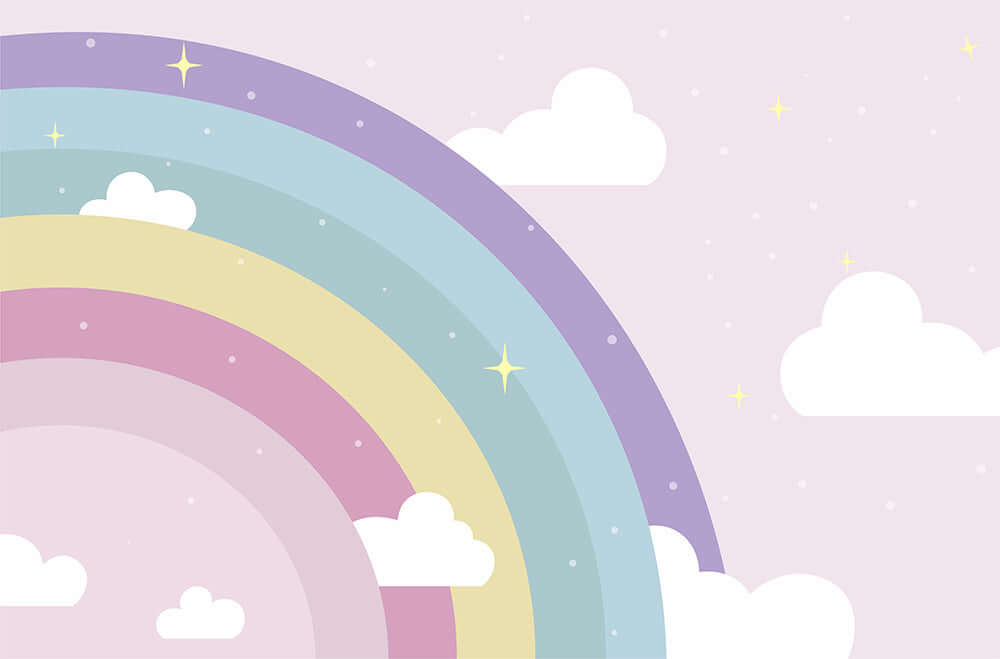 Rainbow Cloud Wallpaper Mural | Sweet Decorative Wall in Children's Room Bedroom with dreamy rainbow arcs, clouds and stars for a fairy tale, childlike elegance
