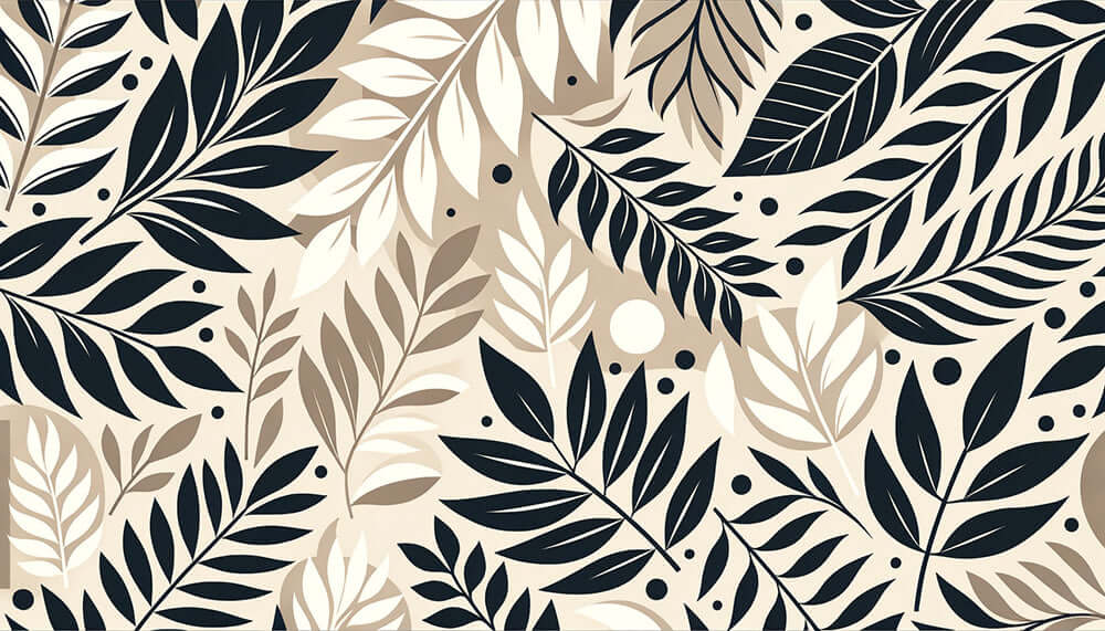 Retro Nature Leaf Mural Wallpaper - Black on Beige with artistic black leaf illustrations on a soft beige background