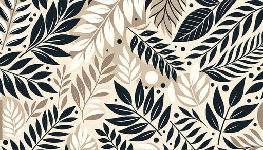 Retro Nature Leaf Mural Wallpaper - Black on Beige with artistic black leaf illustrations on a soft beige background