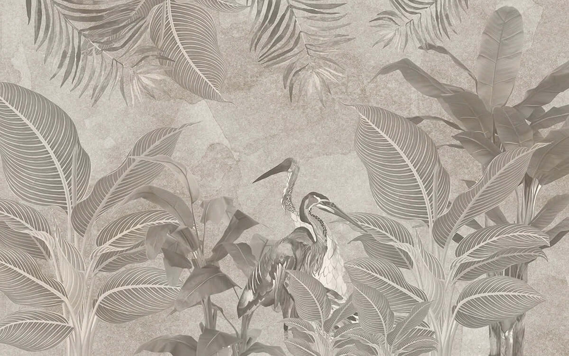 Retro plant flower and bird wallpaper mural | Wabi sabi style decorative wall in bedroom