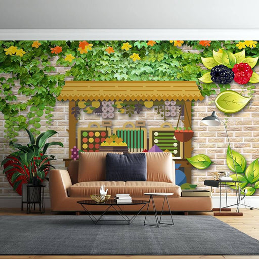 Rural Charm Wallpaper Mural: Emerald Vine Vegetable & Fruit Stall Scene