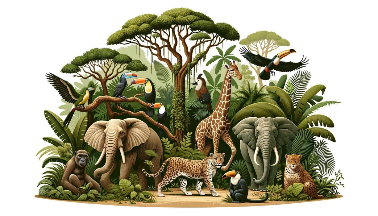 Safari Animals Wallpaper Mural | Vibrant Jungle Scene with Giraffes, Elephants, Cheetahs & Toucans