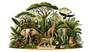 Safari Animals Wallpaper Mural | Vibrant Jungle Scene with Giraffes, Elephants, Cheetahs & Toucans
