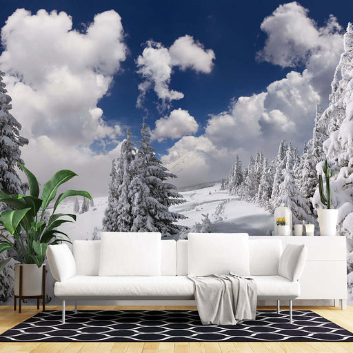Snowy Mountain Forest Wallpaper Mural | Ice and Snow Theme Wall Decoration