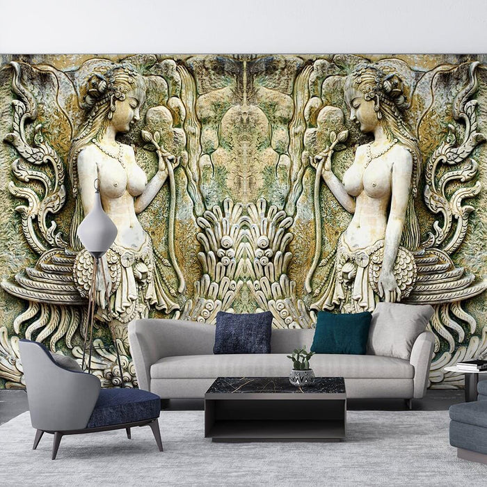 Southeast Asian Mythical Relief Wallpaper: Handcrafted 3D Temple Art Mural for Luxe Living & Bedrooms - ornate relief wall with mythic figures in a modern living room