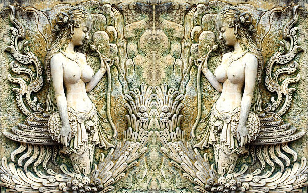 Southeast Asian Mythical Relief Wallpaper: Handcrafted 3D Temple Art Mural for Luxe Living & Bedrooms