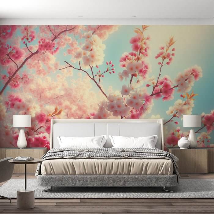 Spring Cherry Blossom Wallpaper Mural | Pink Flowers Running - dreamy pink and white blossoms over blue sky backdrop in a serene bedroom with a modern bed setup