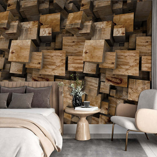 Stacked 3D wooden blocks wallpaper mural | Small and niche decorative wall in study and living room