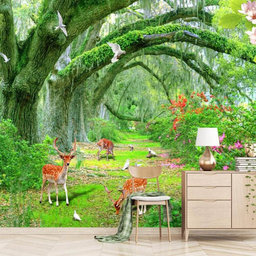 Sunlit Deer Haven Wallpaper Mural - Enchanted Forest with Doves & Wildflowers in Lush Greenery