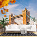 Tower Bridge Landscape Wallpaper Mural | Living Room Decoration Painting – London skyline with Tower Bridge, autumn leaves, moderne white sofa in a bright living room
